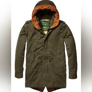 Scotch & soda green waxed cotton super parka sz L